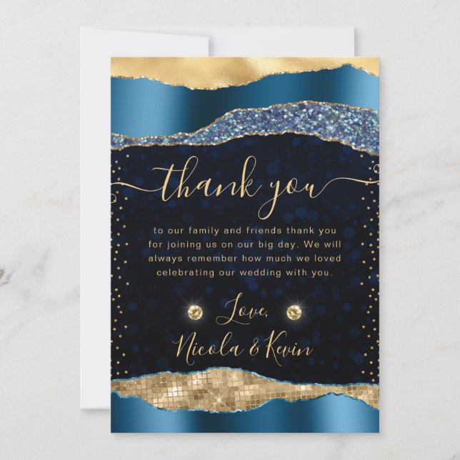 Blue and Gold Glam Tears Bokeh Wedding Thank You Card (Front)