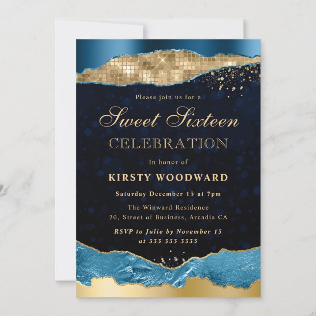 Blue and Gold Glam Tears Sweet Sixteen Invitation (Front)