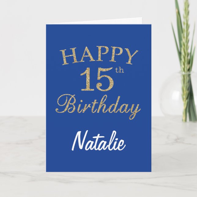Blue and Gold Glitter 15th Birthday Card (Front)