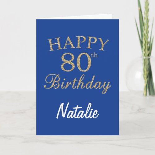 Blue and Gold Glitter 80th Birthday Card