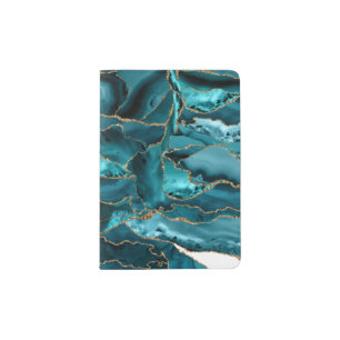 Blue and gold glitter agate abstract passport holder