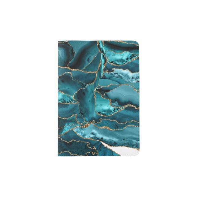 Blue and gold glitter agate abstract passport holder (Front)