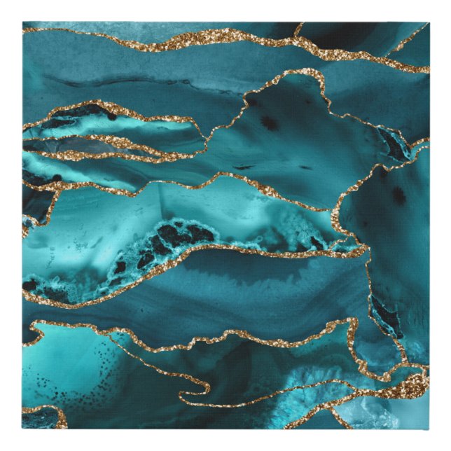 Blue and Gold Glitter Agate Faux Canvas Print (Front)