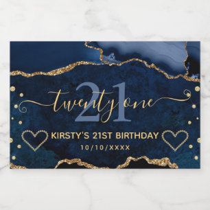 Blue and Gold Glitter Agate Marble 21st Birthday Sparkling Wine Label
