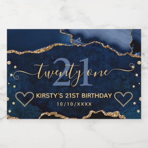 Blue and Gold Glitter Agate Marble 21st Birthday Sparkling Wine Label