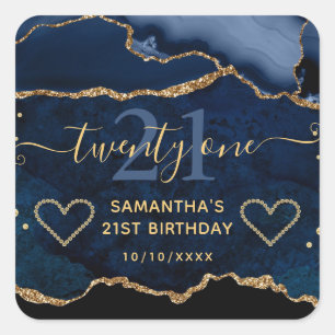 Blue and Gold Glitter Agate Marble 21st Birthday Square Sticker