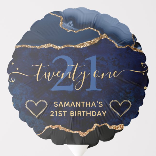 Blue and Gold Glitter Agate Marble Birthday Balloon (Front)
