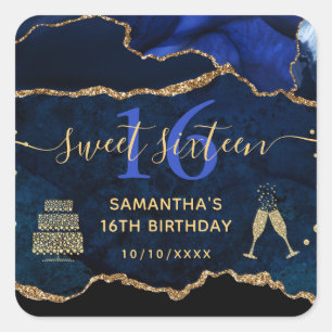 Blue and Gold Glitter Agate Marble Sweet 16 Square Sticker