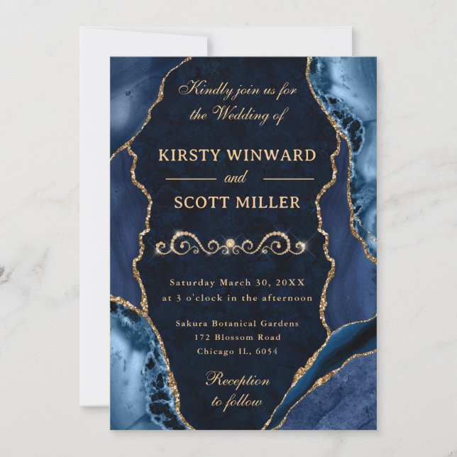 Blue and Gold Glitter Agate & Marble Wedding Invitation (Front)