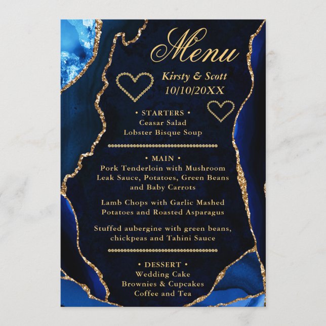 Blue and Gold Glitter Agate Marble Wedding Menu (Front)