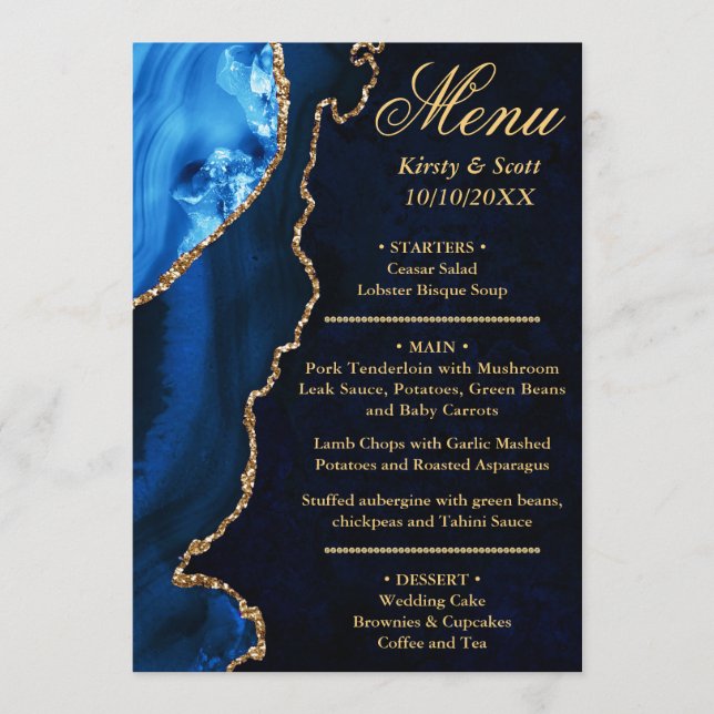 Blue and Gold Glitter Agate Marble Wedding Menu (Front)