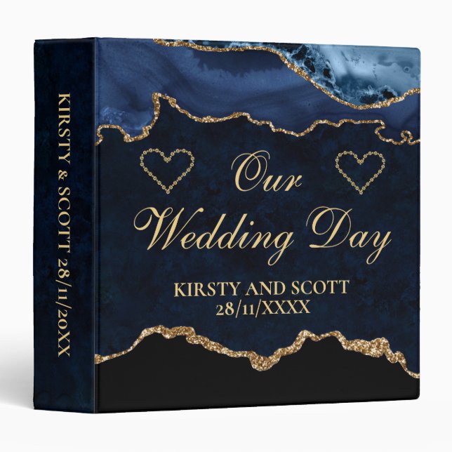 Blue and Gold Glitter Agate Wedding Photo Album 3 Ring Binder (Front/Spine)