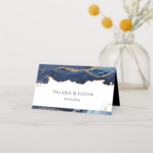 Blue and Gold Glitter Agate Wedding Place Card