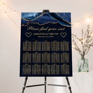 Blue and Gold Glitter Agate Wedding Seating Chart Foam Board