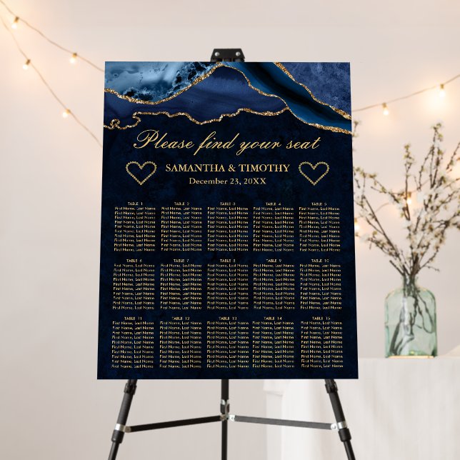 Blue and Gold Glitter Agate Wedding Seating Chart Foam Board (In Situ (Stand))