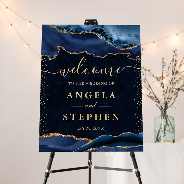 Blue and Gold Glitter Agate Wedding Welcome Foam Board (In Situ (Stand))