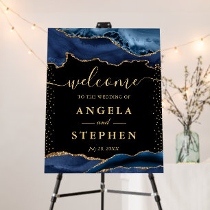 Blue and Gold Glitter Agate Wedding Welcome Foam Board