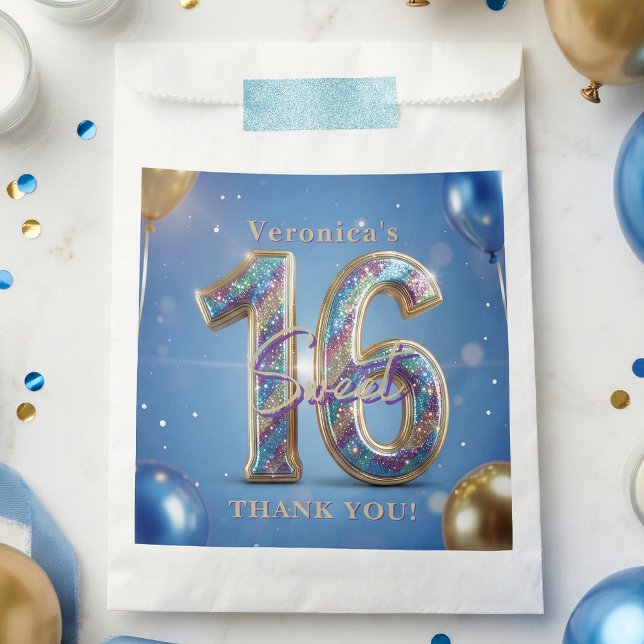 Blue and Gold Glitter Balloons Sweet 16 Thank You Favor Bag (Creator Uploaded)