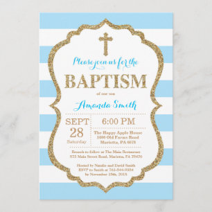 Blue and Gold Glitter Baptism Invitation