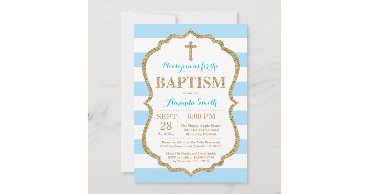 Blue and Gold Glitter Baptism Invitation | Zazzle