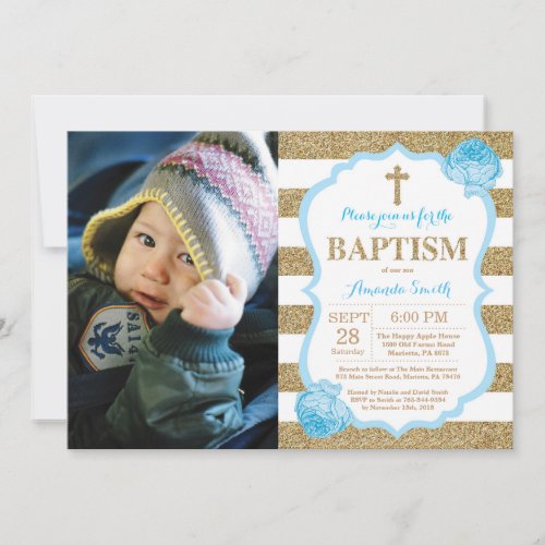 Blue and Gold Glitter Baptism Invitation