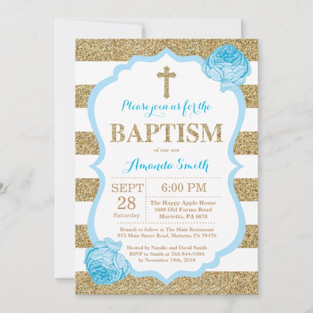 Blue and Gold Glitter Baptism Invitation (Front)