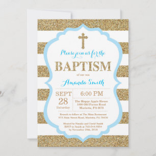Blue and Gold Glitter Baptism Invitation