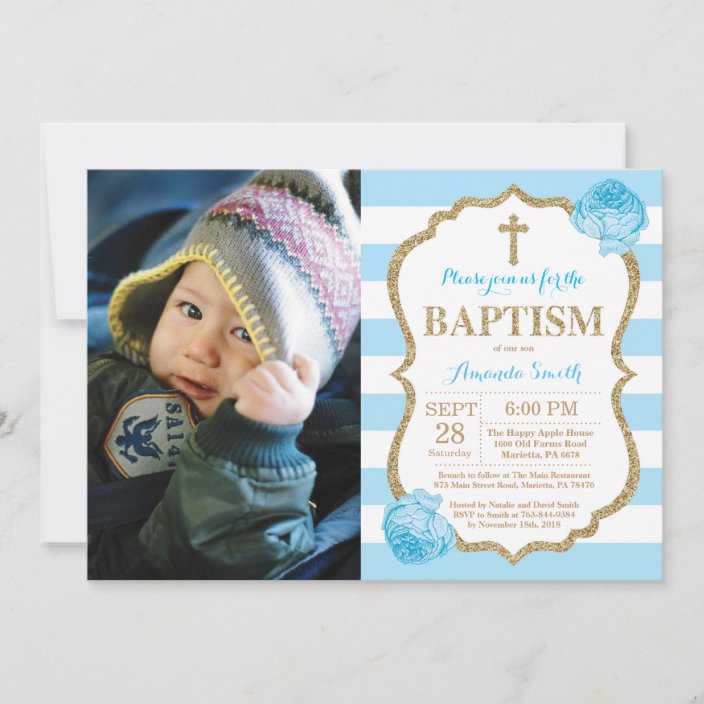 Blue and Gold Glitter Baptism Invitation | Zazzle