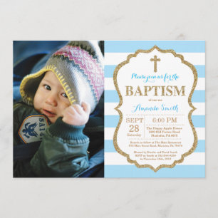 Blue and Gold Glitter Baptism Invitation