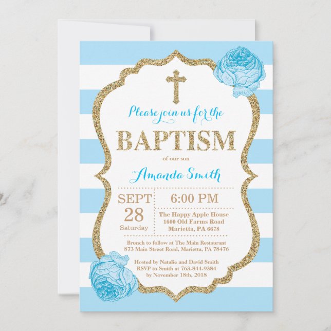 Blue and Gold Glitter Baptism Invitation (Front)