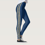 Blue and Gold Glitter Custom Text Athletic Stripe Leggings<br><div class="desc">Navy Blue and Gold personalized leggings with a double athletic stripe in faux printed gold glitter with custom text in the middle that can be different on each side. Perfect for displaying your favorite quote, verse, inspirational mantra, team name, or add your name on repeat down the side of each...</div>