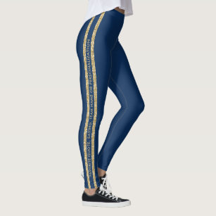 Blue and Gold Glitter Custom Text Athletic Stripe Leggings