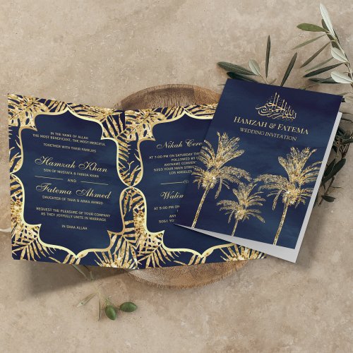 Blue and Gold Glitter Date Palm Muslim Wedding Invitation
