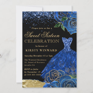 Blue and Gold Glitter Dress Glam Roses Sweet 16 Invitation