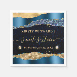 Blue and Gold Glitter Glam Tears Bokeh Sweet 16 Napkins