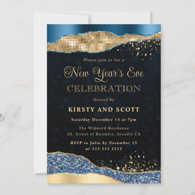Blue and Gold Glitter Glam Tears New Year's Eve Invitation (Front)