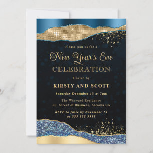 Blue and Gold Glitter Glam Tears New Year's Eve Invitation