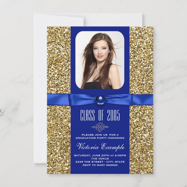 Blue and Gold Glitter Graduation Announcements (Front)