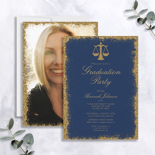 Blue and Gold Glitter Law School Photo Graduation Invitation