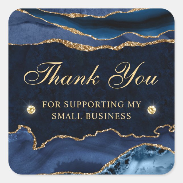 Blue and Gold Glitter Marble Agate Small Business Square Sticker (Front)