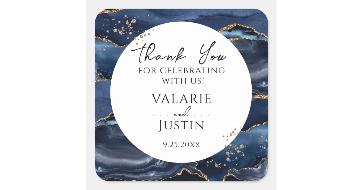 Blue and Gold Glitter Marble Thank You Square Stic Square Sticker | Zazzle