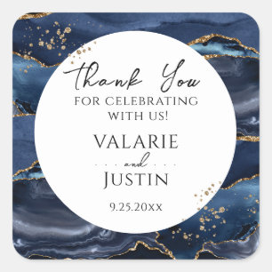 Blue and Gold Glitter Marble Thank You Square Stic Sticker