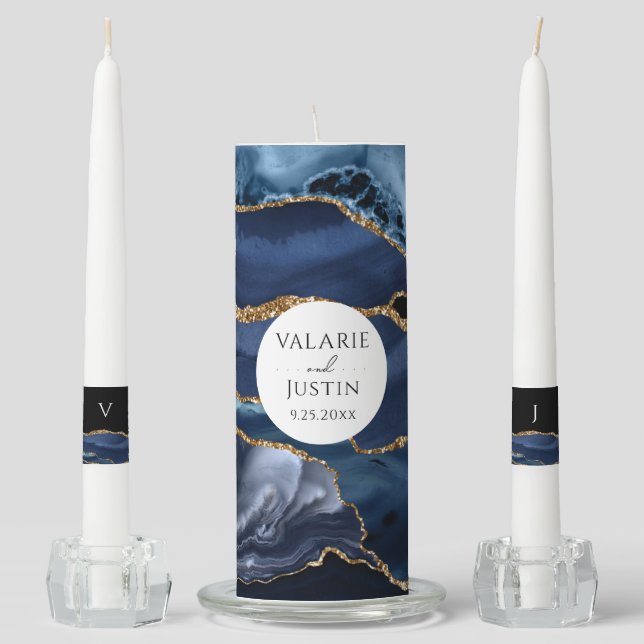 Blue and Gold Glitter Marble Wedding Unity Candle Set (Front)