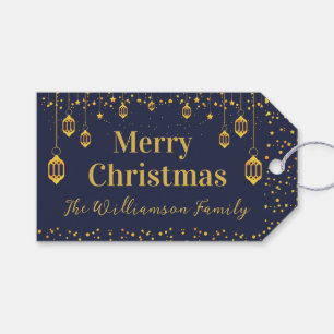 Blue and gold glitter ornament Merry Christmas Gift Tags