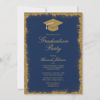 Blue And Gold Glitter Photo Graduation Party Invitation | Zazzle