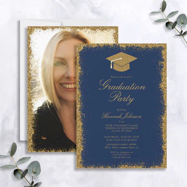 Blue and Gold Glitter Photo Graduation Party Invitation | Zazzle