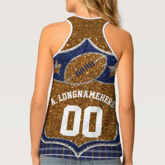 Blue and Gold Glitter Plaid School Football Jersey Tank Top