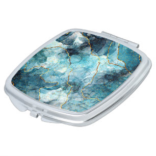 Blue and gold glittery marble compact mirror