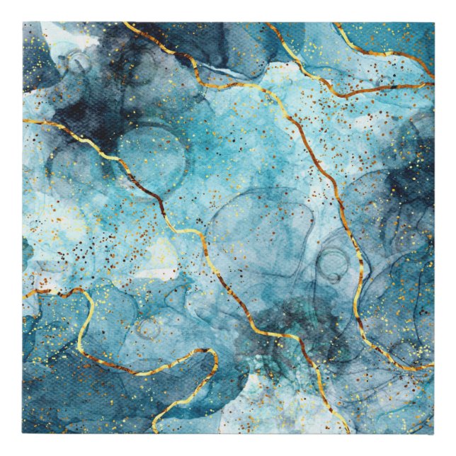 Blue and gold glittery marble  faux canvas print (Front)