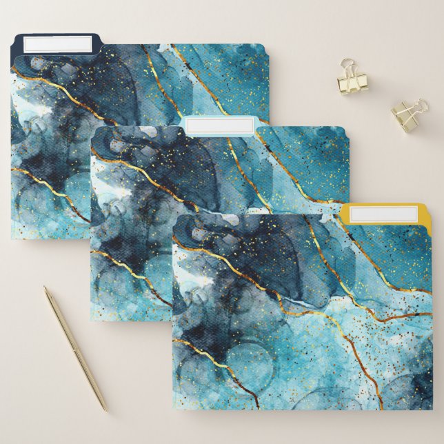 Blue and gold glittery marble  file folder (Set)